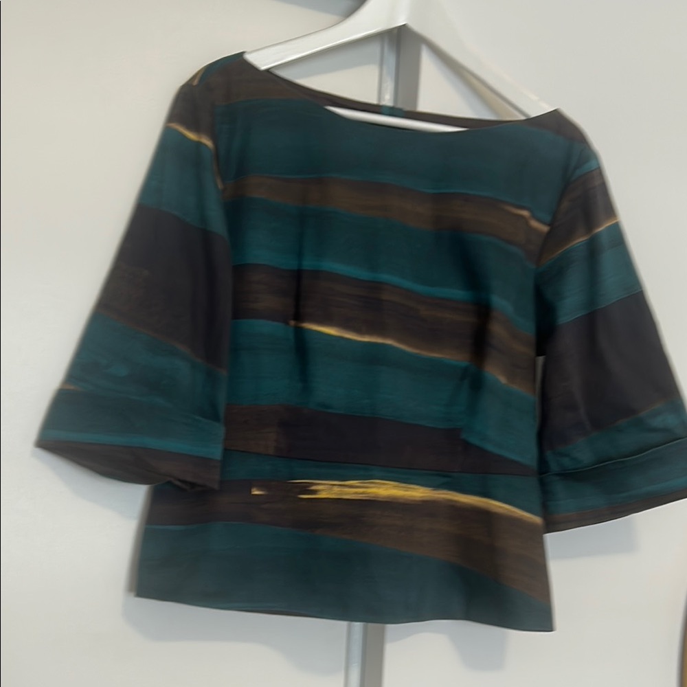Boxy Green and Brown Bell Sleeve Blouse